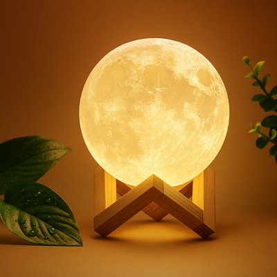 3D Moon Lamp 15cm with Wooden Stand – 7 Color Changing LED Touch